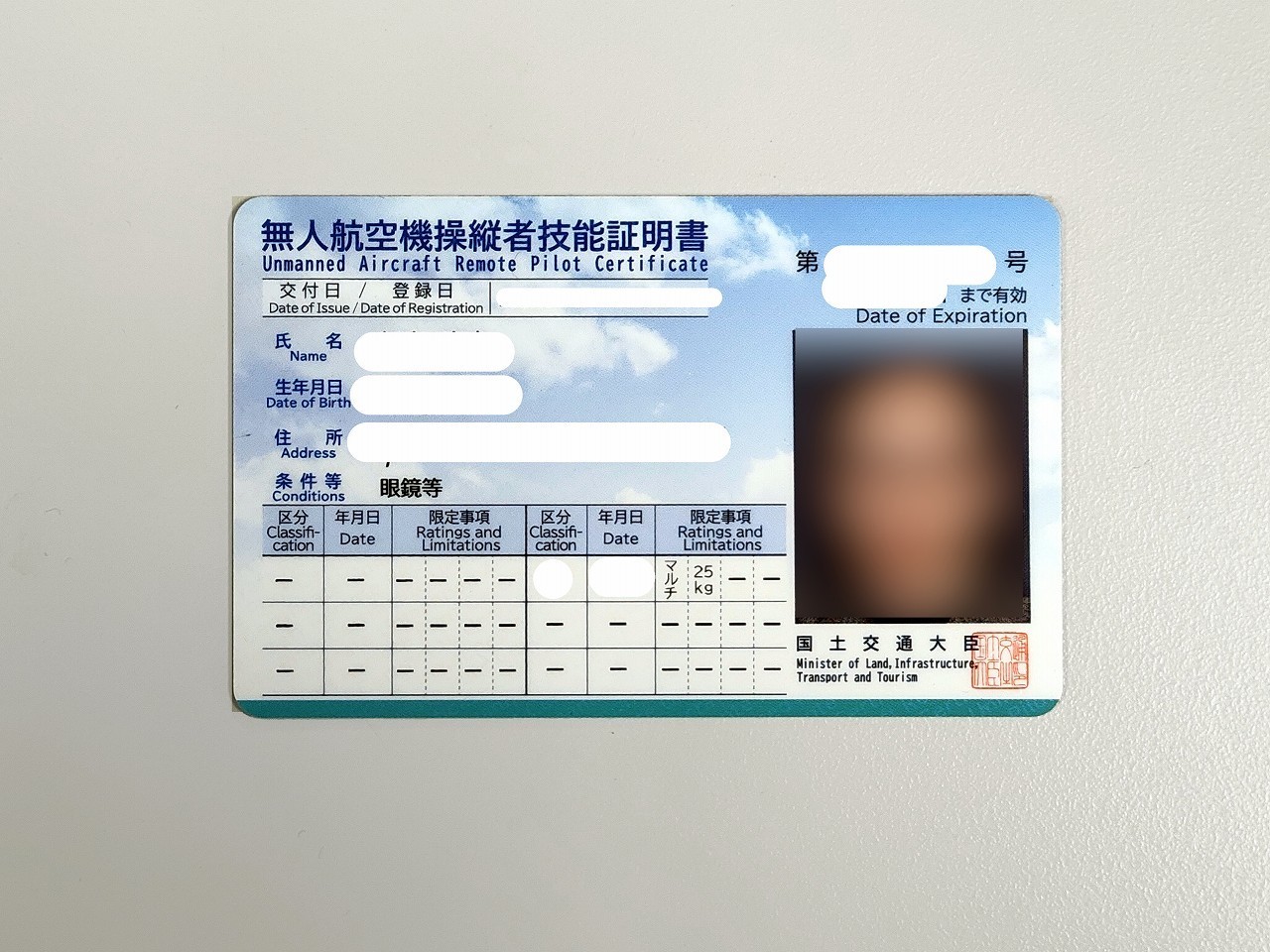 「二等無人航空機操縦士」の免許証